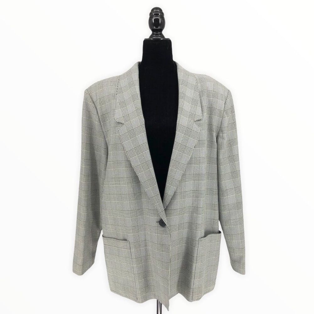 80’s Vintage Haberdashery Lined Black White Blue Houndstooth Blazer Long Sleeve
